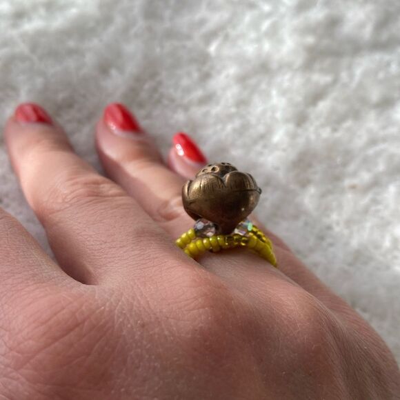 Yellow Beaded Ring with Brass Color Flower Detail - Picture 3 of 6